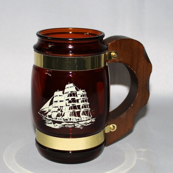Vintage Siesta Ware Amber Brown Glass Mugs | Nautical Mugs | Ship Stein - Picture 2 of 8